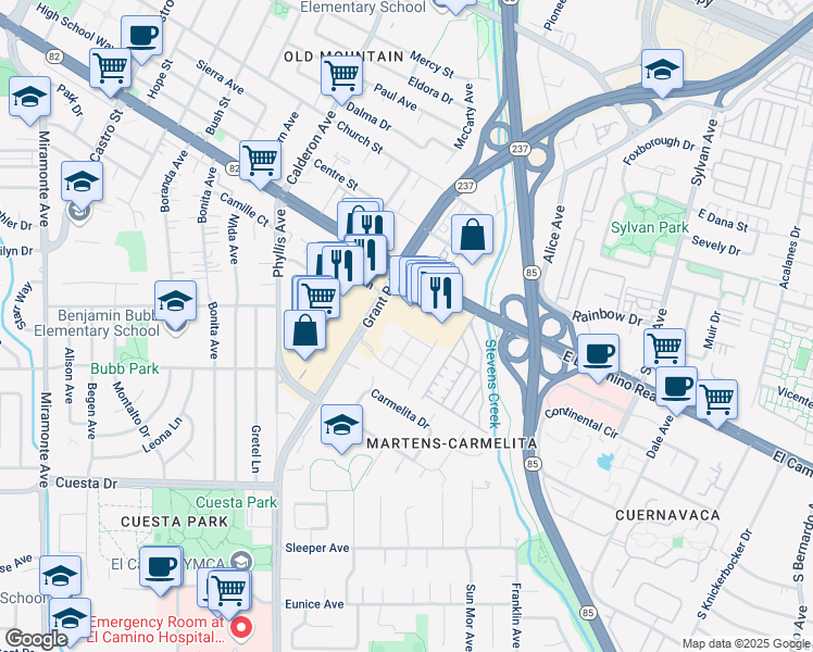 map of restaurants, bars, coffee shops, grocery stores, and more near 119 Post Street in Mountain View