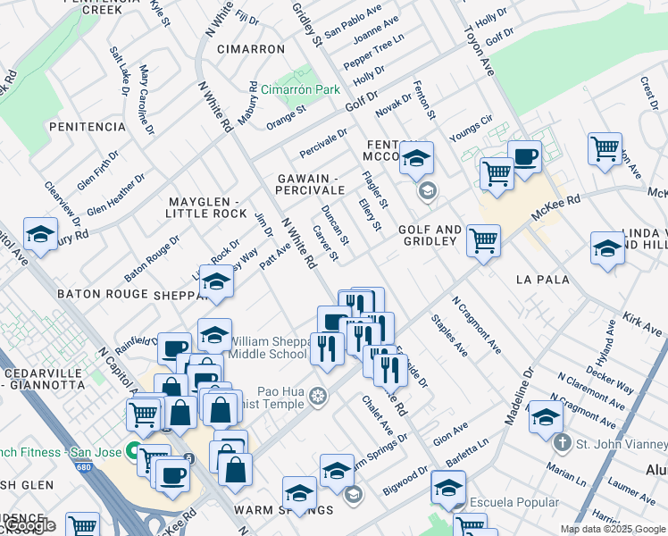 map of restaurants, bars, coffee shops, grocery stores, and more near 11941 Carver Street in San Jose