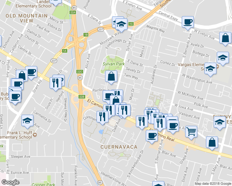 map of restaurants, bars, coffee shops, grocery stores, and more near Sylvan Avenue & Rainbow Drive in Mountain View