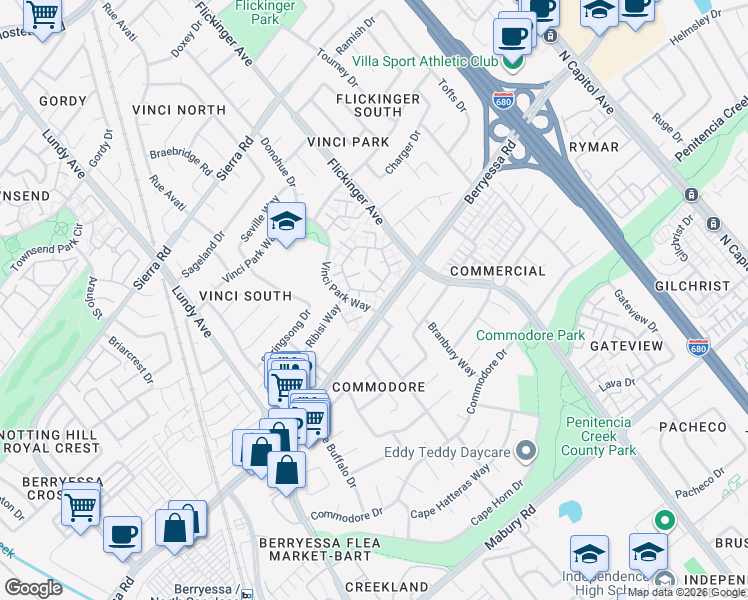 map of restaurants, bars, coffee shops, grocery stores, and more near 1077 Ribisi Circle in San Jose
