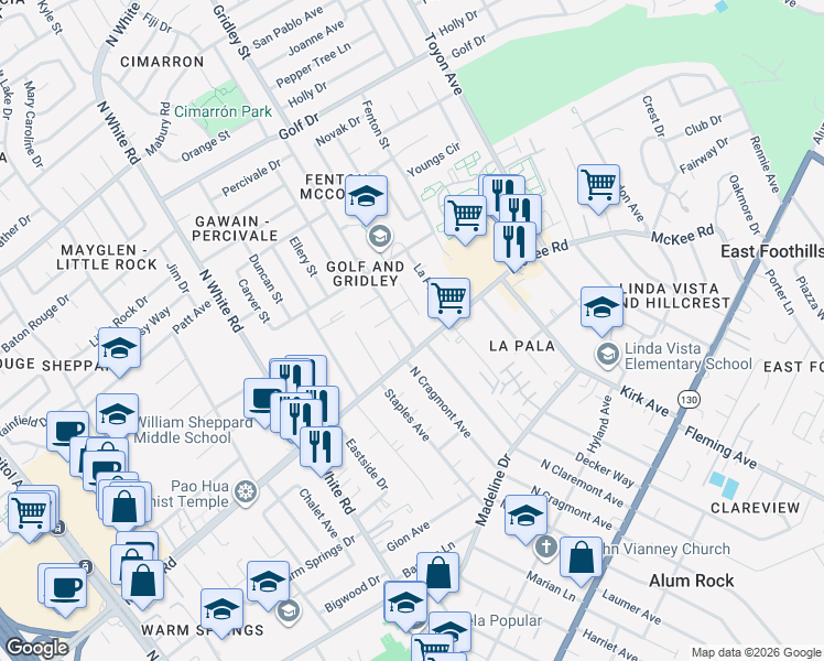 map of restaurants, bars, coffee shops, grocery stores, and more near 324 Gridley St in San Jose