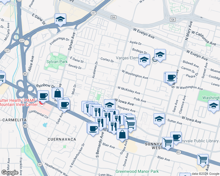 map of restaurants, bars, coffee shops, grocery stores, and more near 1212 West McKinley Avenue in Sunnyvale