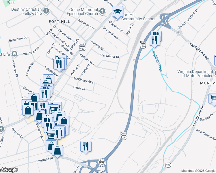 map of restaurants, bars, coffee shops, grocery stores, and more near 1622 McKinney Avenue in Lynchburg