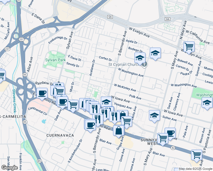 map of restaurants, bars, coffee shops, grocery stores, and more near 1212 West McKinley Avenue in Sunnyvale