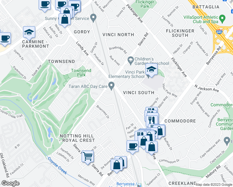map of restaurants, bars, coffee shops, grocery stores, and more near 1271 Lundy Avenue in San Jose