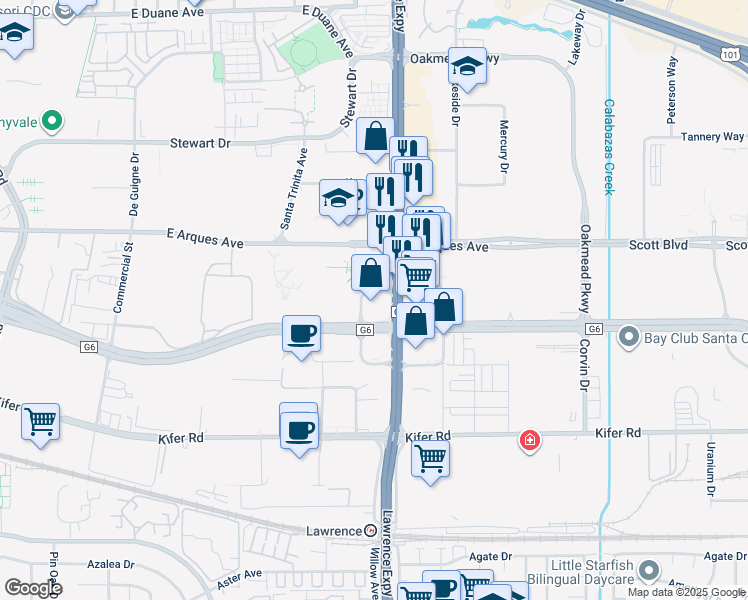 map of restaurants, bars, coffee shops, grocery stores, and more near 1190 Miraloma Way in Sunnyvale