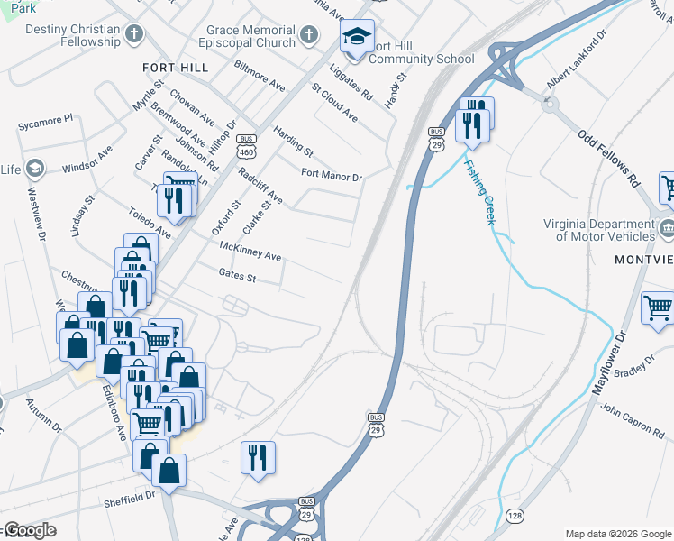 map of restaurants, bars, coffee shops, grocery stores, and more near 1622 McKinney Avenue in Lynchburg