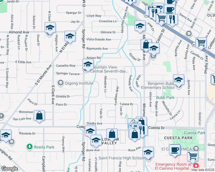 map of restaurants, bars, coffee shops, grocery stores, and more near 1529 Meadow Lane in Mountain View