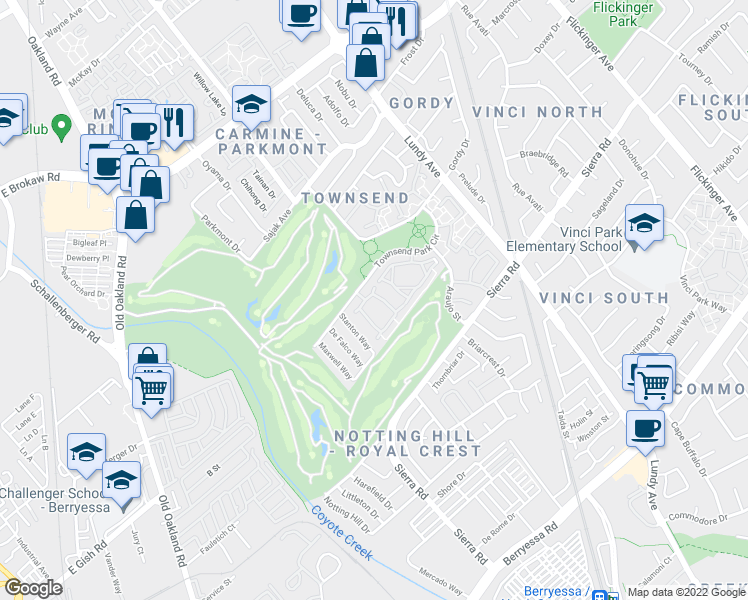 map of restaurants, bars, coffee shops, grocery stores, and more near 1719 Parkview Green Circle in San Jose