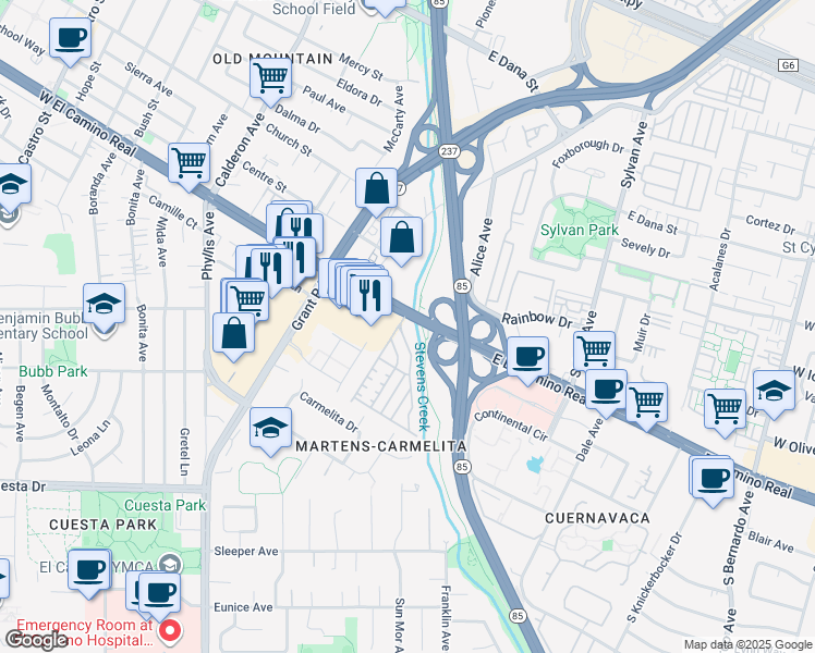 map of restaurants, bars, coffee shops, grocery stores, and more near 191 California 82 in Mountain View