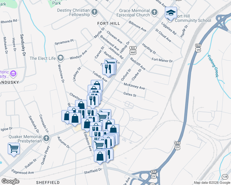 map of restaurants, bars, coffee shops, grocery stores, and more near 1303 Gates Street in Lynchburg