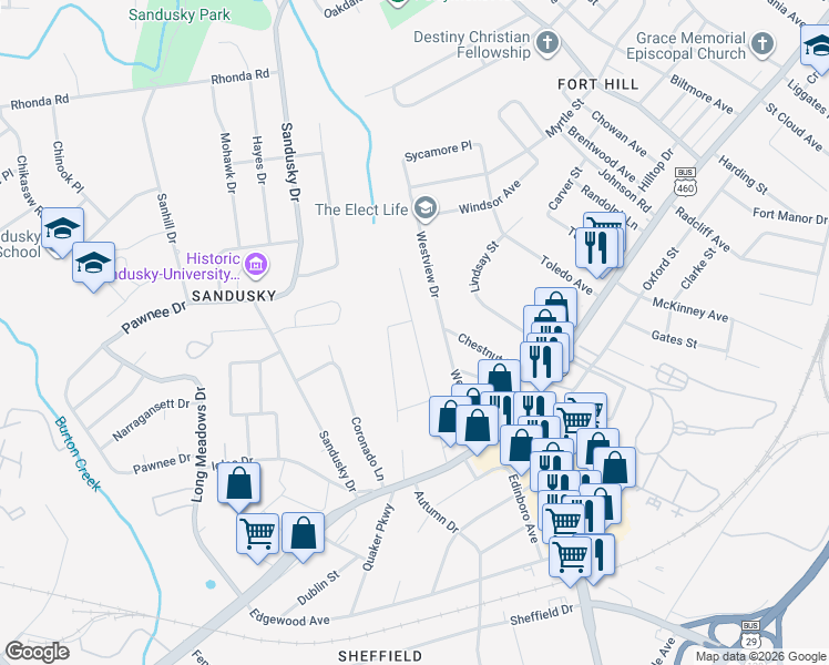 map of restaurants, bars, coffee shops, grocery stores, and more near 1001 Westview Drive in Lynchburg