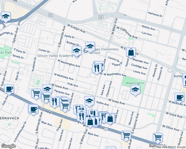 map of restaurants, bars, coffee shops, grocery stores, and more near 1036 Lassen Terrace in Sunnyvale