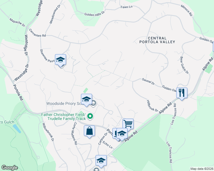map of restaurants, bars, coffee shops, grocery stores, and more near 33 Los Charros Lane in Portola Valley