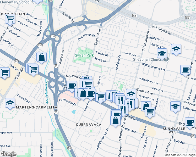 map of restaurants, bars, coffee shops, grocery stores, and more near 720 Muir Drive in Mountain View