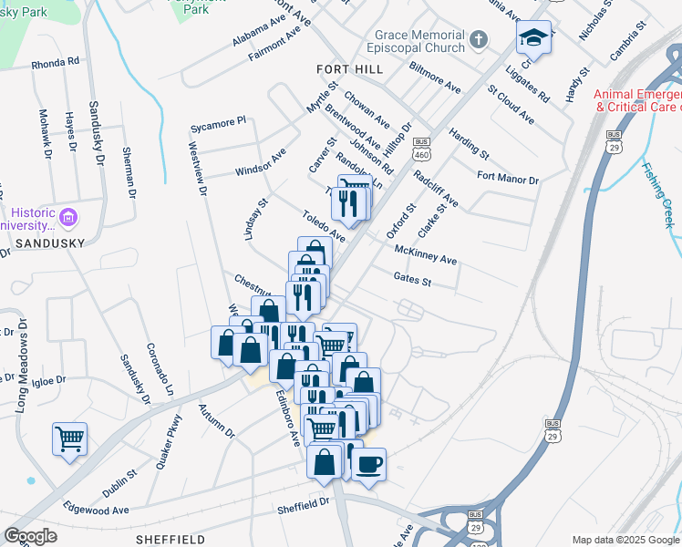map of restaurants, bars, coffee shops, grocery stores, and more near 5046 Fort Avenue in Lynchburg