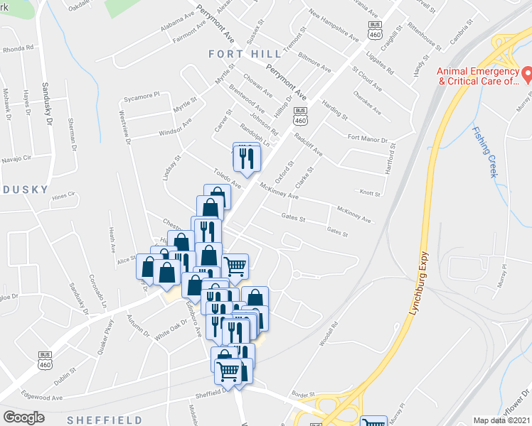 map of restaurants, bars, coffee shops, grocery stores, and more near 1303 Gates Street in Lynchburg