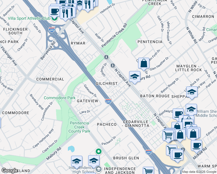 map of restaurants, bars, coffee shops, grocery stores, and more near 840 Wyman Way in San Jose