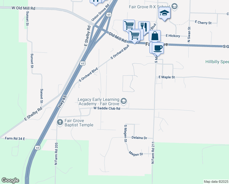 map of restaurants, bars, coffee shops, grocery stores, and more near 233 W Saddle Club Rd in Fair Grove