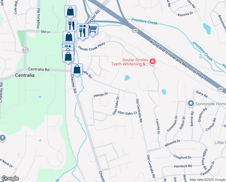 map of restaurants, bars, coffee shops, grocery stores, and more near 10316 Hamlin Drive in Chester