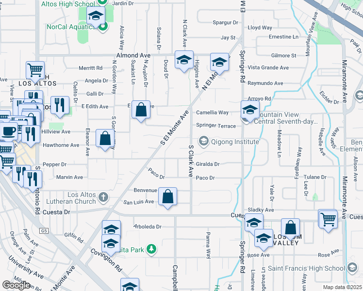 map of restaurants, bars, coffee shops, grocery stores, and more near 531 Hawthorne Court in Los Altos
