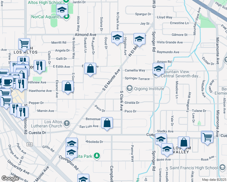 map of restaurants, bars, coffee shops, grocery stores, and more near 531 Hawthorne Court in Los Altos