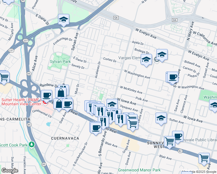 map of restaurants, bars, coffee shops, grocery stores, and more near 1228 West McKinley Avenue in Sunnyvale