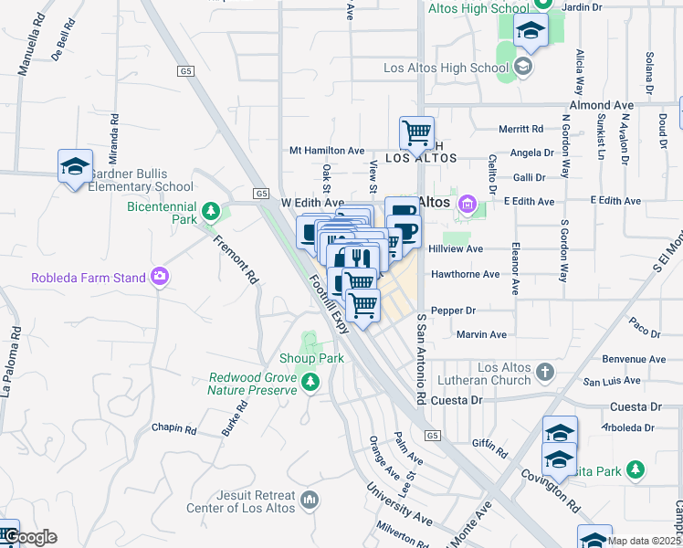 map of restaurants, bars, coffee shops, grocery stores, and more near 235 1st Street in Los Altos