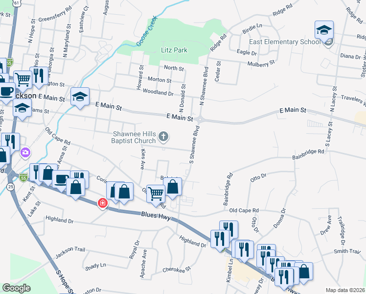 map of restaurants, bars, coffee shops, grocery stores, and more near 1320 Brandom Street in Jackson