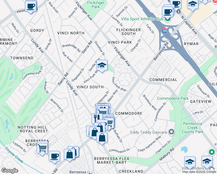 map of restaurants, bars, coffee shops, grocery stores, and more near 1708 Seville Way in San Jose