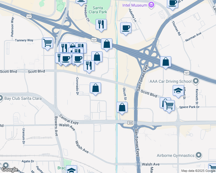 map of restaurants, bars, coffee shops, grocery stores, and more near 3236 Scott Boulevard in Santa Clara