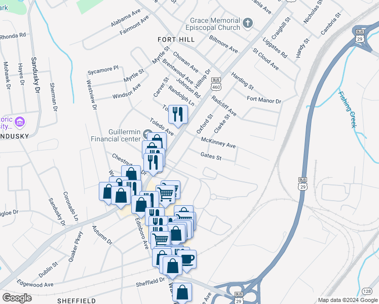map of restaurants, bars, coffee shops, grocery stores, and more near 1301 Gates Street in Lynchburg