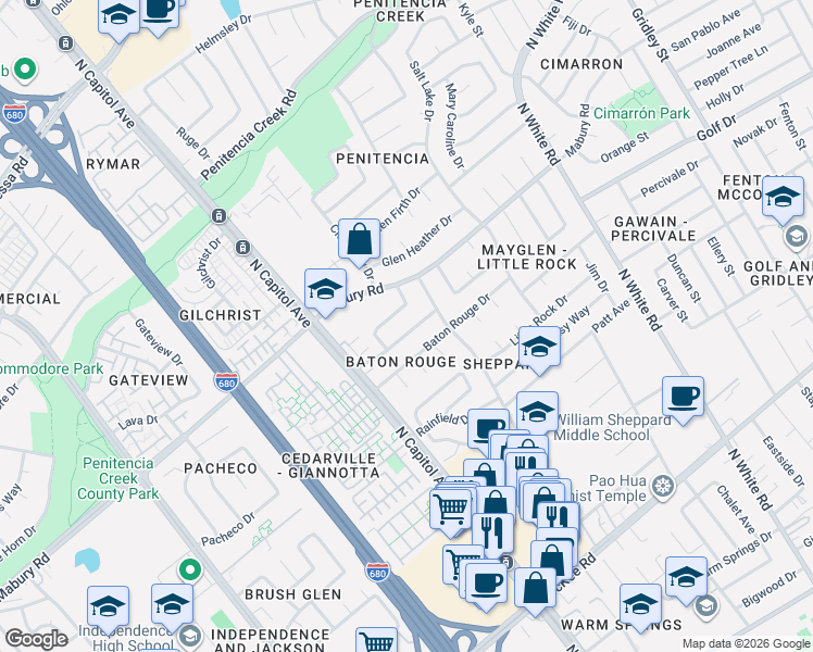 map of restaurants, bars, coffee shops, grocery stores, and more near 2748 Grandview Drive in San Jose