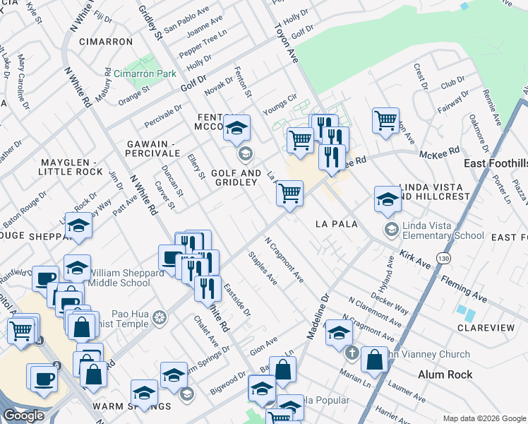 map of restaurants, bars, coffee shops, grocery stores, and more near 324 Gridley Street in San Jose