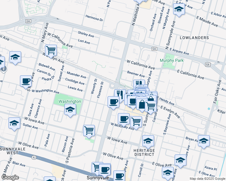 map of restaurants, bars, coffee shops, grocery stores, and more near 135 South Mathilda Avenue in Sunnyvale