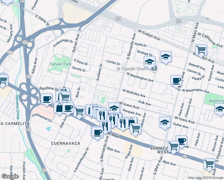 map of restaurants, bars, coffee shops, grocery stores, and more near 1228 West McKinley Avenue in Sunnyvale