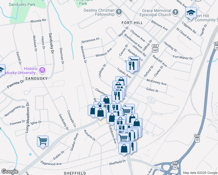 map of restaurants, bars, coffee shops, grocery stores, and more near 1133 Lindsay Street in Lynchburg