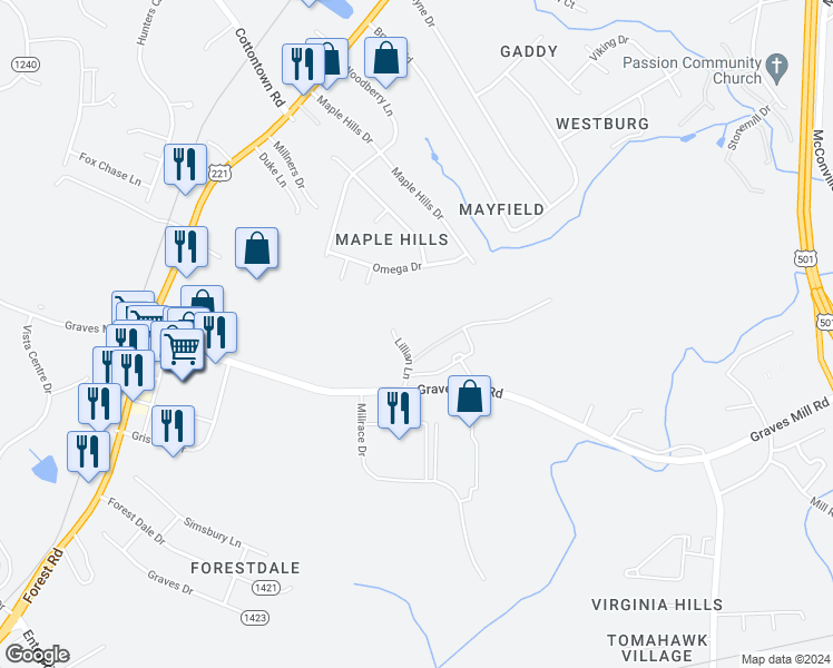 map of restaurants, bars, coffee shops, grocery stores, and more near 201 Lillian Ln in Lynchburg