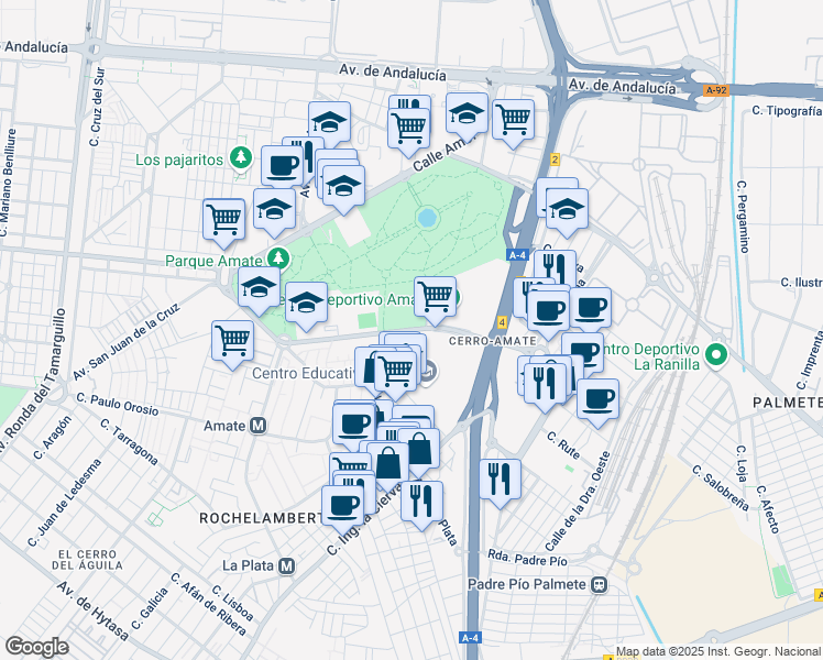 map of restaurants, bars, coffee shops, grocery stores, and more near Avenida la Revoltosa in Sevilla