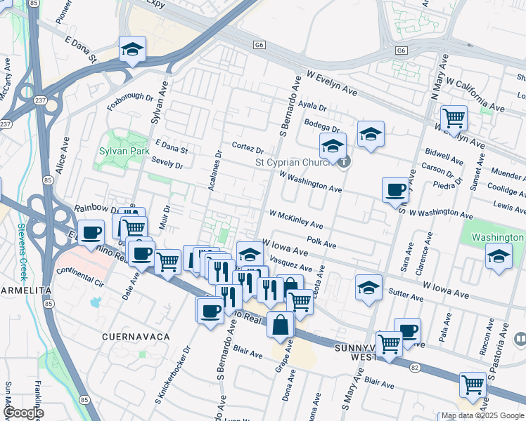 map of restaurants, bars, coffee shops, grocery stores, and more near S Bernardo Ave & W McKinley Ave in Sunnyvale