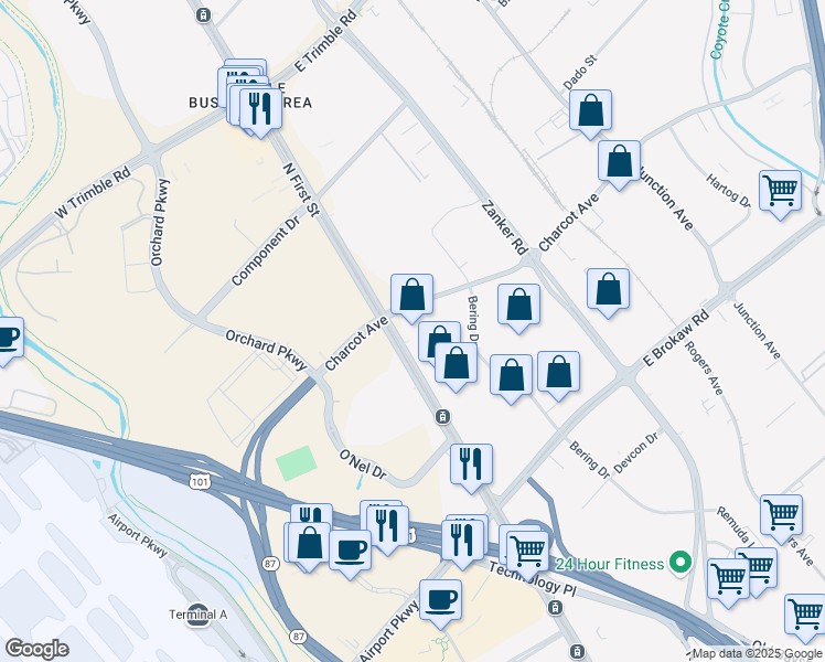 map of restaurants, bars, coffee shops, grocery stores, and more near 2248 N 1st St in San Jose
