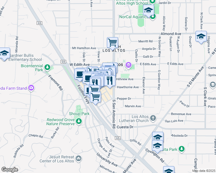 map of restaurants, bars, coffee shops, grocery stores, and more near 253 3rd Street in Los Altos
