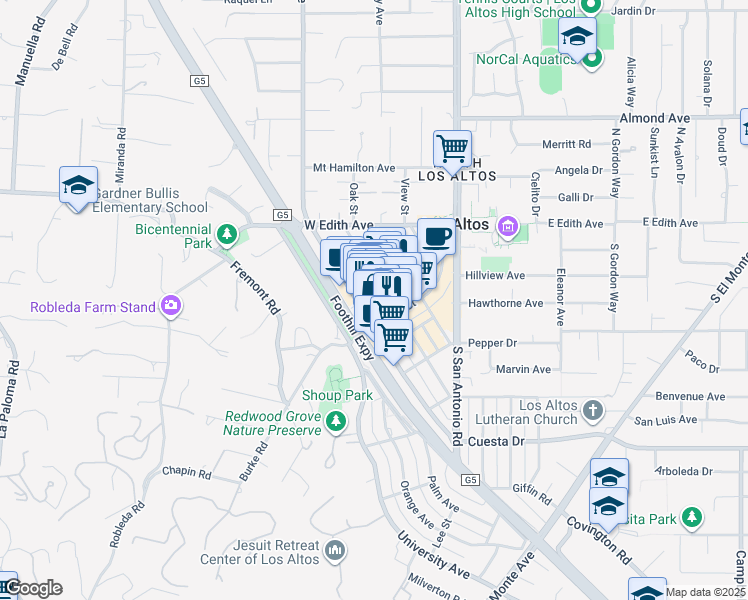 map of restaurants, bars, coffee shops, grocery stores, and more near 235 1st Street in Los Altos