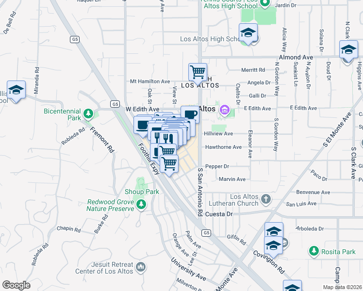 map of restaurants, bars, coffee shops, grocery stores, and more near Main Street in Los Altos