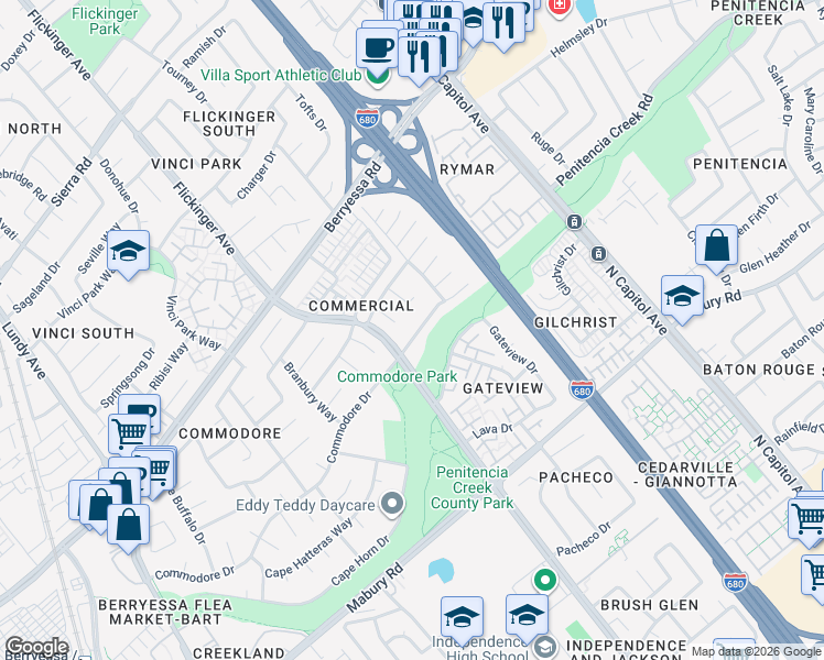 map of restaurants, bars, coffee shops, grocery stores, and more near 2127 Commodore Drive in San Jose
