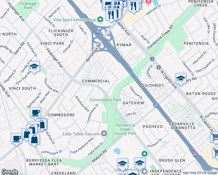 map of restaurants, bars, coffee shops, grocery stores, and more near 2127 Commodore Drive in San Jose