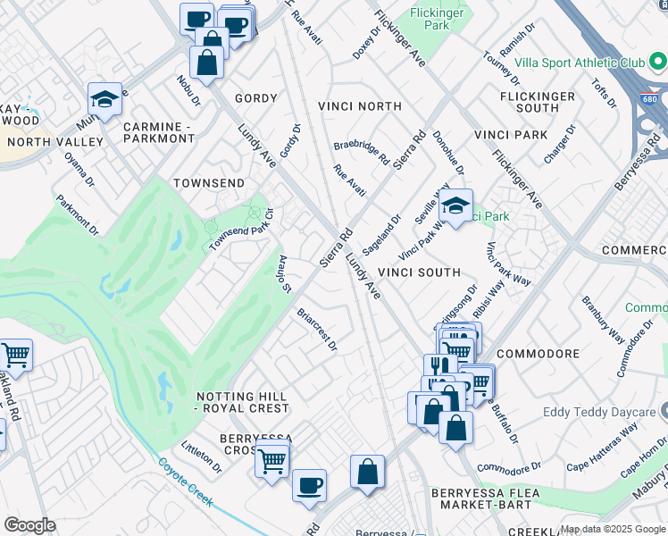 map of restaurants, bars, coffee shops, grocery stores, and more near 1273 Briarberry Court in San Jose
