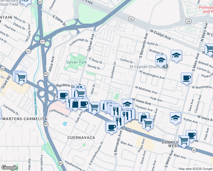 map of restaurants, bars, coffee shops, grocery stores, and more near 407 Acalanes Drive in Sunnyvale