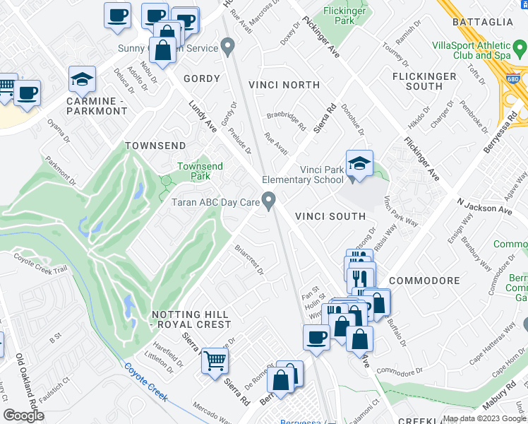 map of restaurants, bars, coffee shops, grocery stores, and more near 1273 Briarberry Court in San Jose