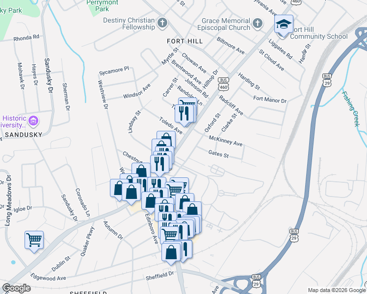 map of restaurants, bars, coffee shops, grocery stores, and more near 5050 Fort Avenue in Lynchburg